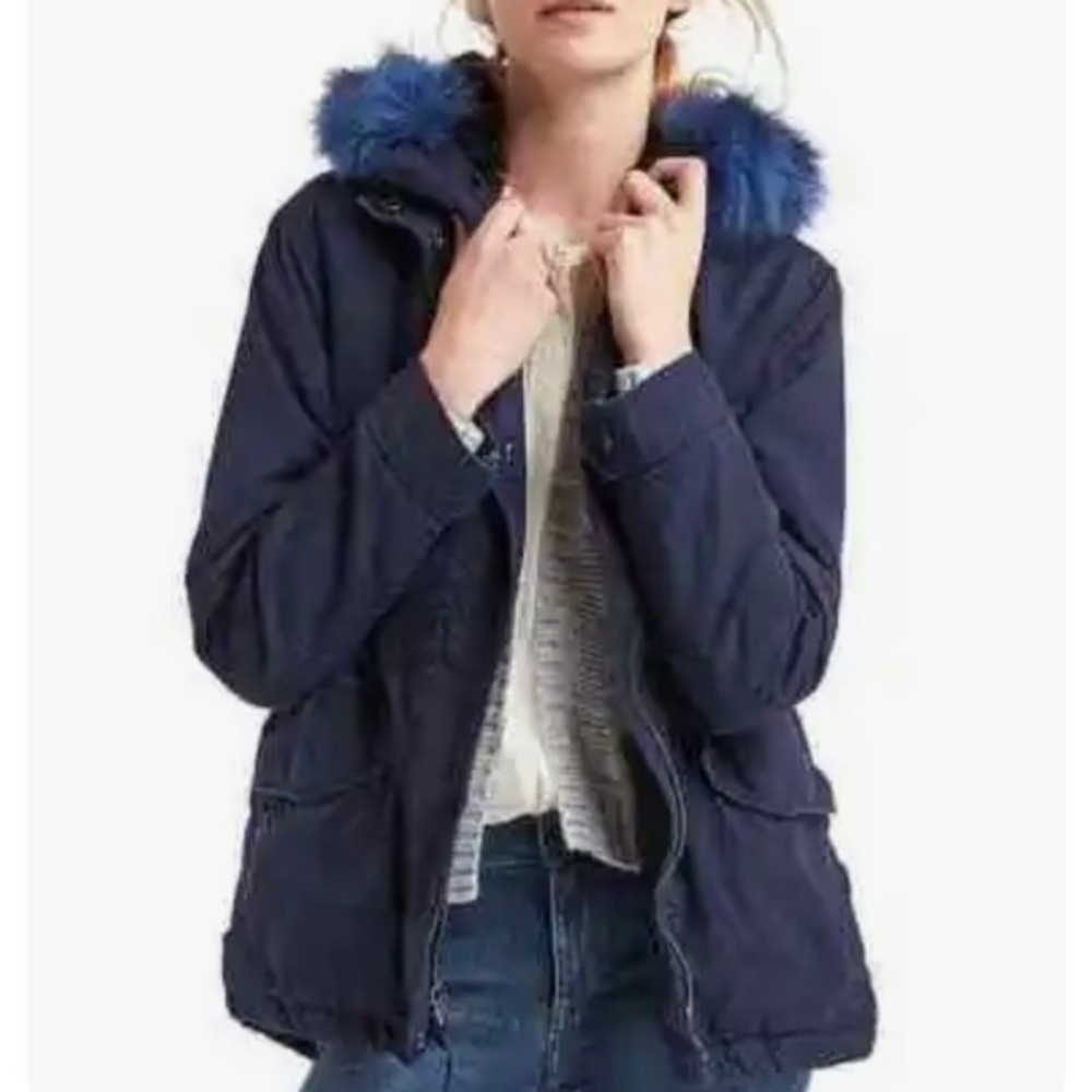 GAP Women's Dark Blue Utility Jacket with Faux Fur Hood